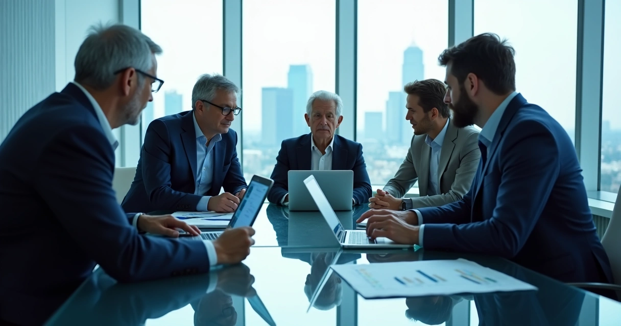 Business team discussing cybersecurity investment at a modern office table