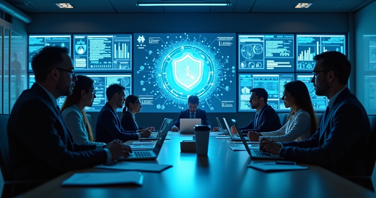 Team in meeting conducting cybersecurity audit with digital screens showing security assessment results. 