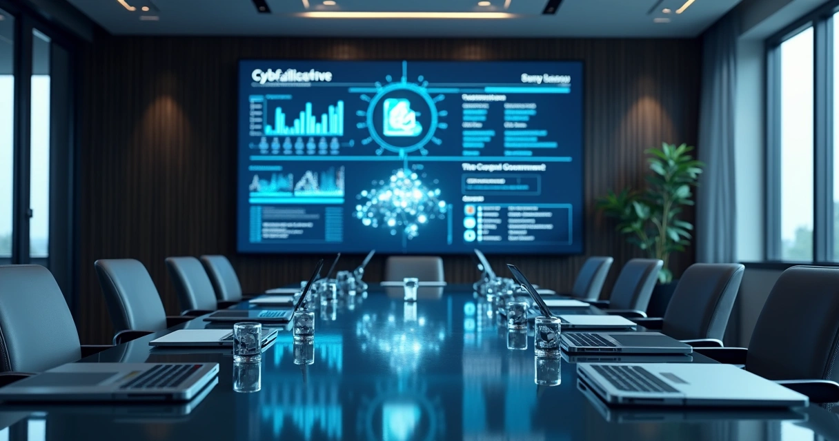 Boardroom screen showing cybersecurity dashboard 