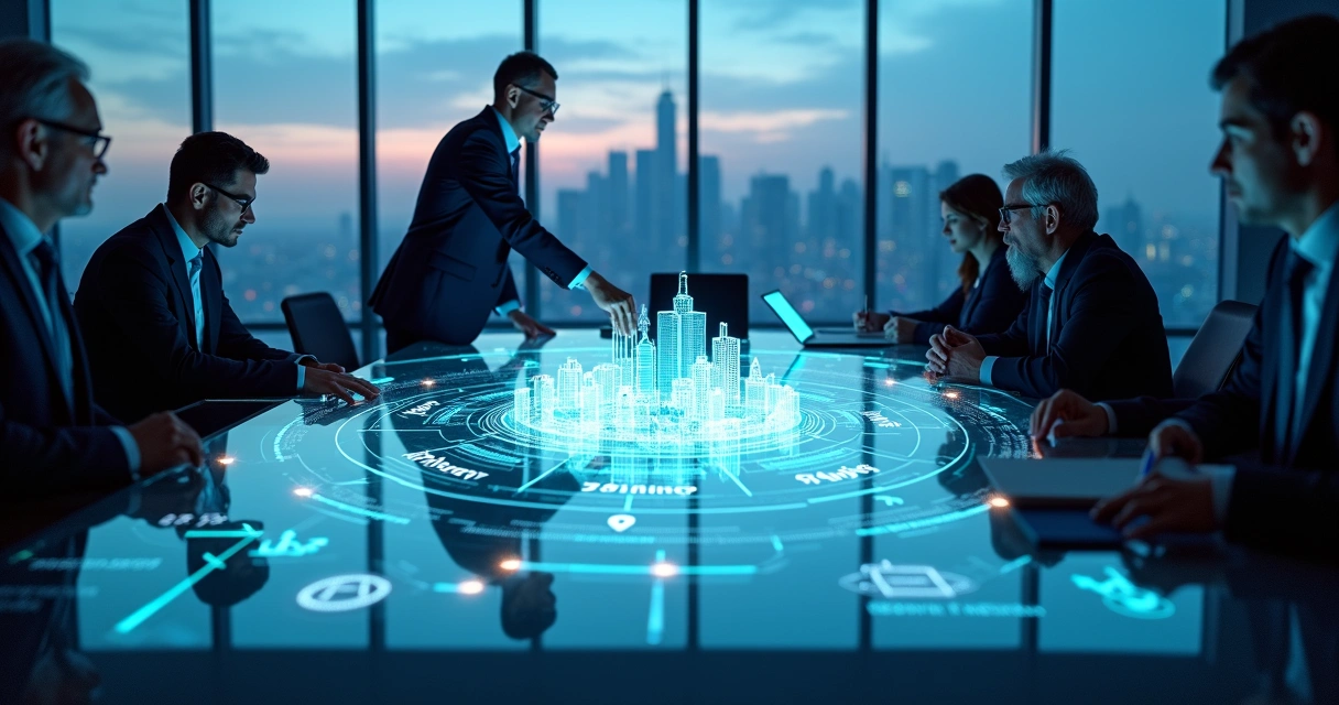 Business leader reviewing cybersecurity strategy on illuminated digital table 