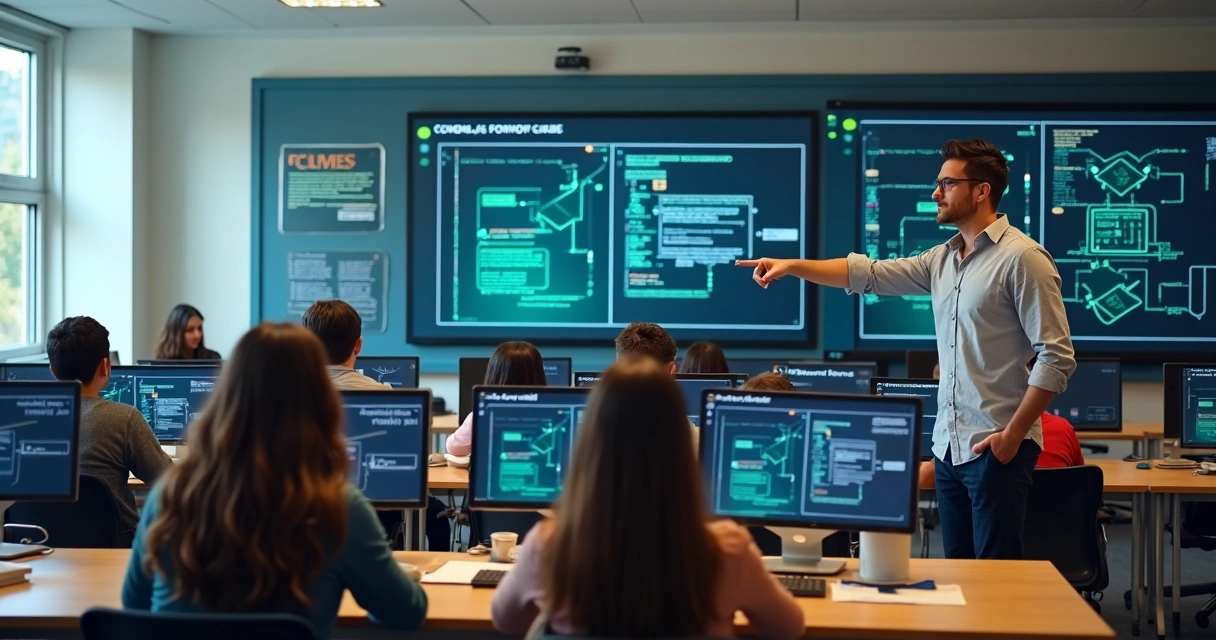 Students and a mentor engaged in an interactive cybersecurity lesson. 