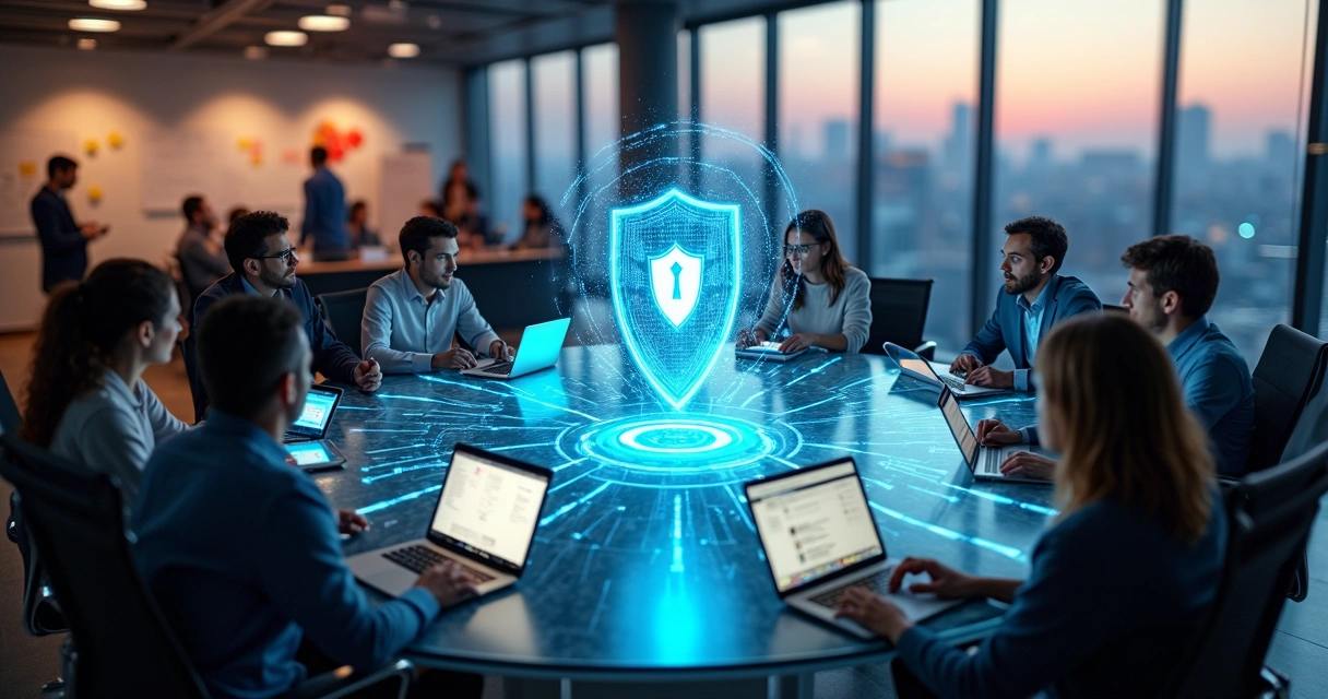 Diverse group at circular table collaborating on digital security network 