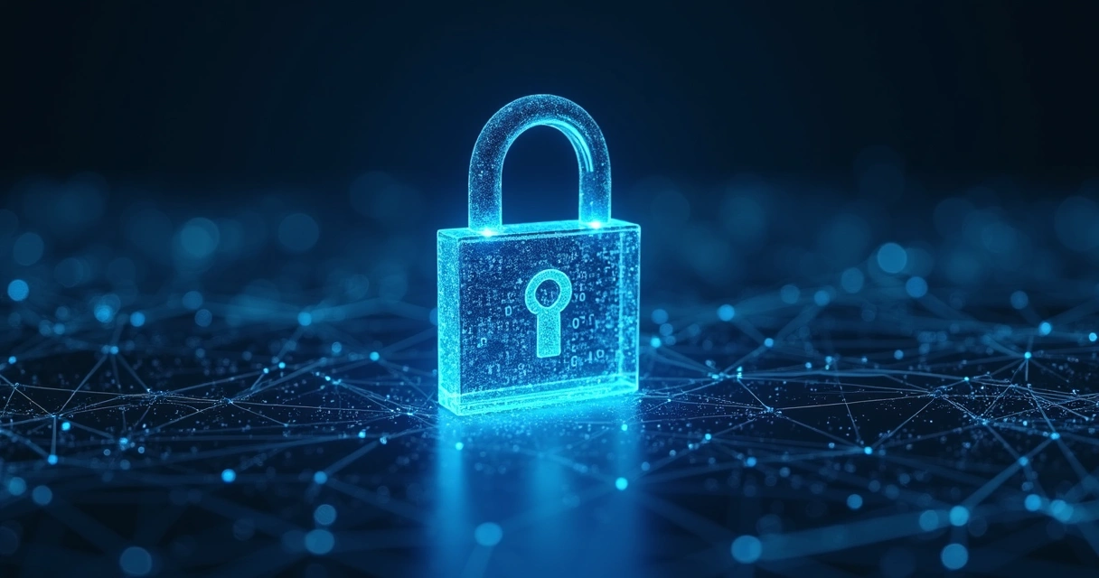 Padlock icon on digital background with lines and binary code for data protection visualization 