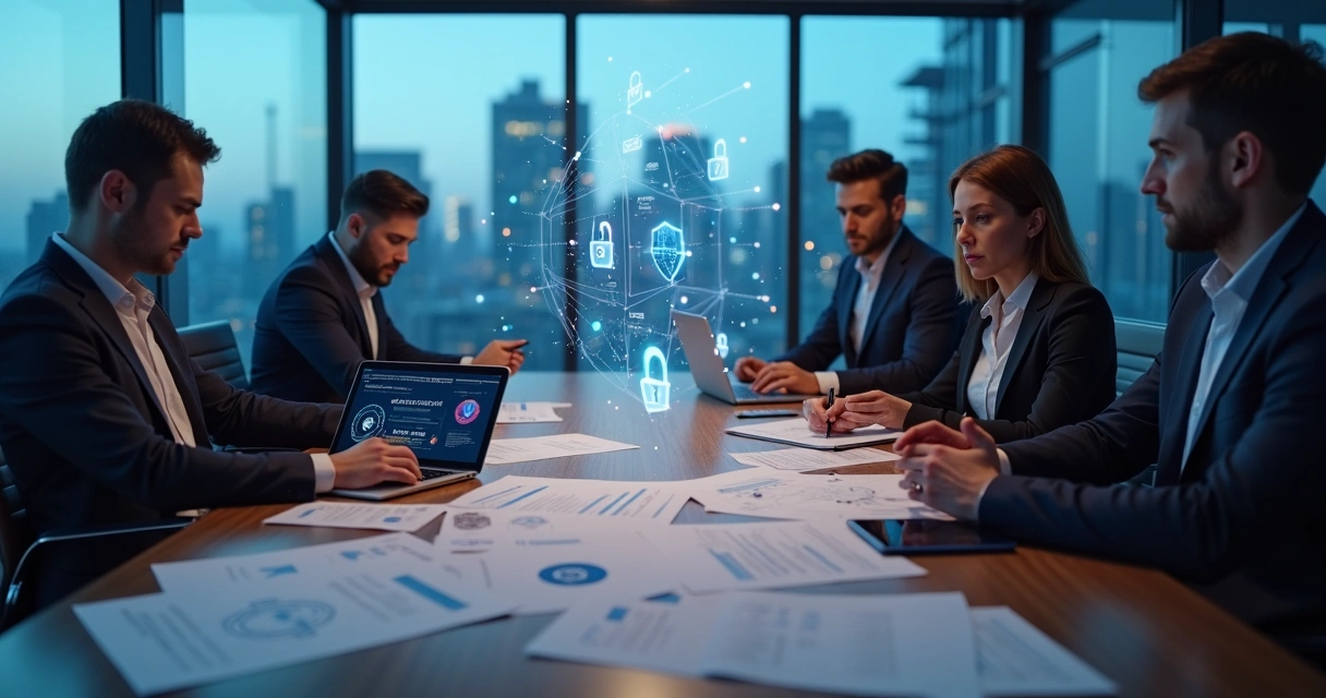 Diverse review panel evaluating a cybersecurity funding proposal on a conference table covered with digital reports 