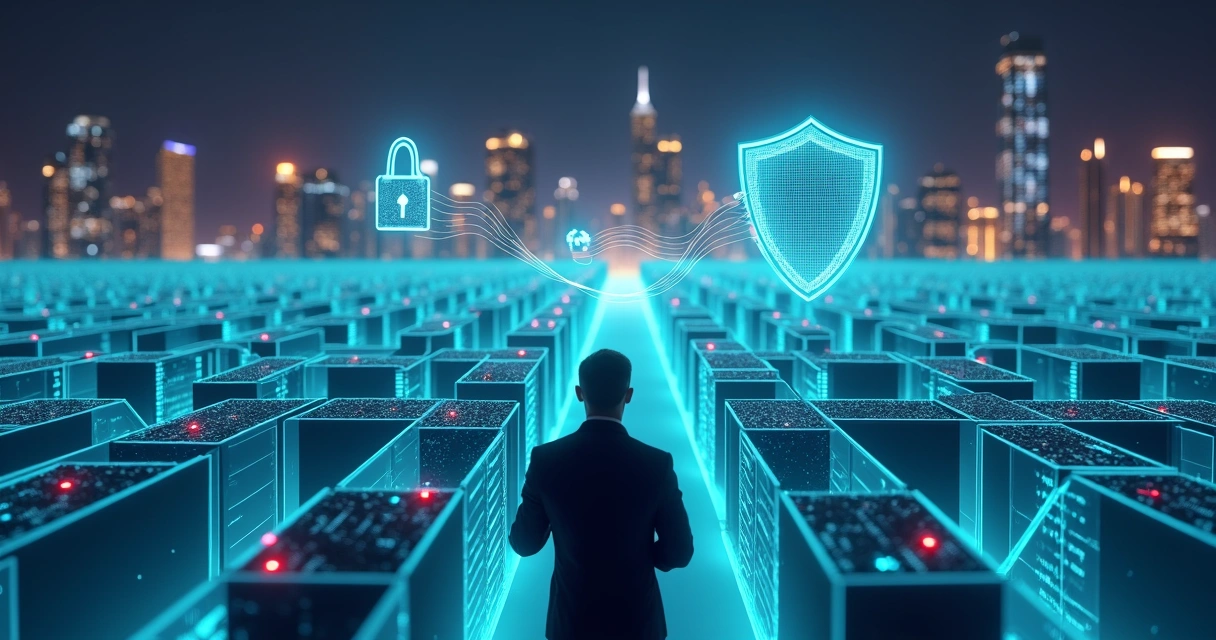 Business leader navigating digital maze towards glowing cybersecurity investment icons 