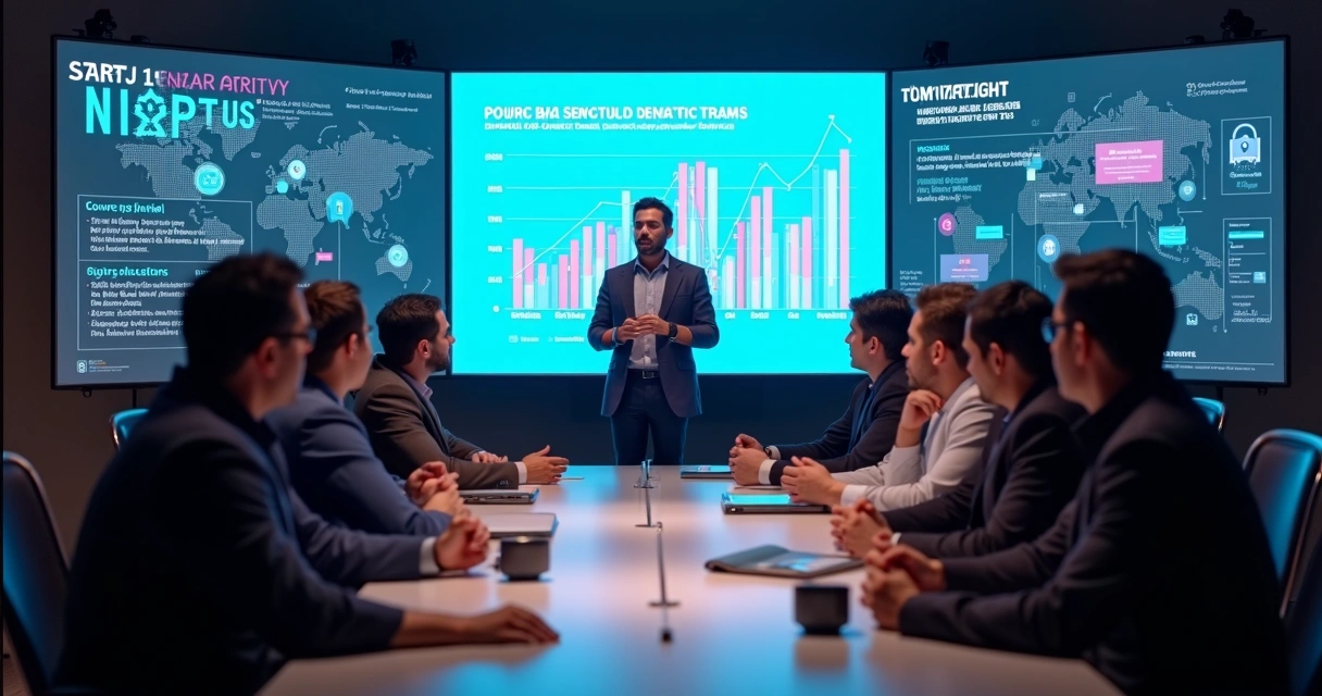 Business people in a conference room watching a cyber defense startup pitch 