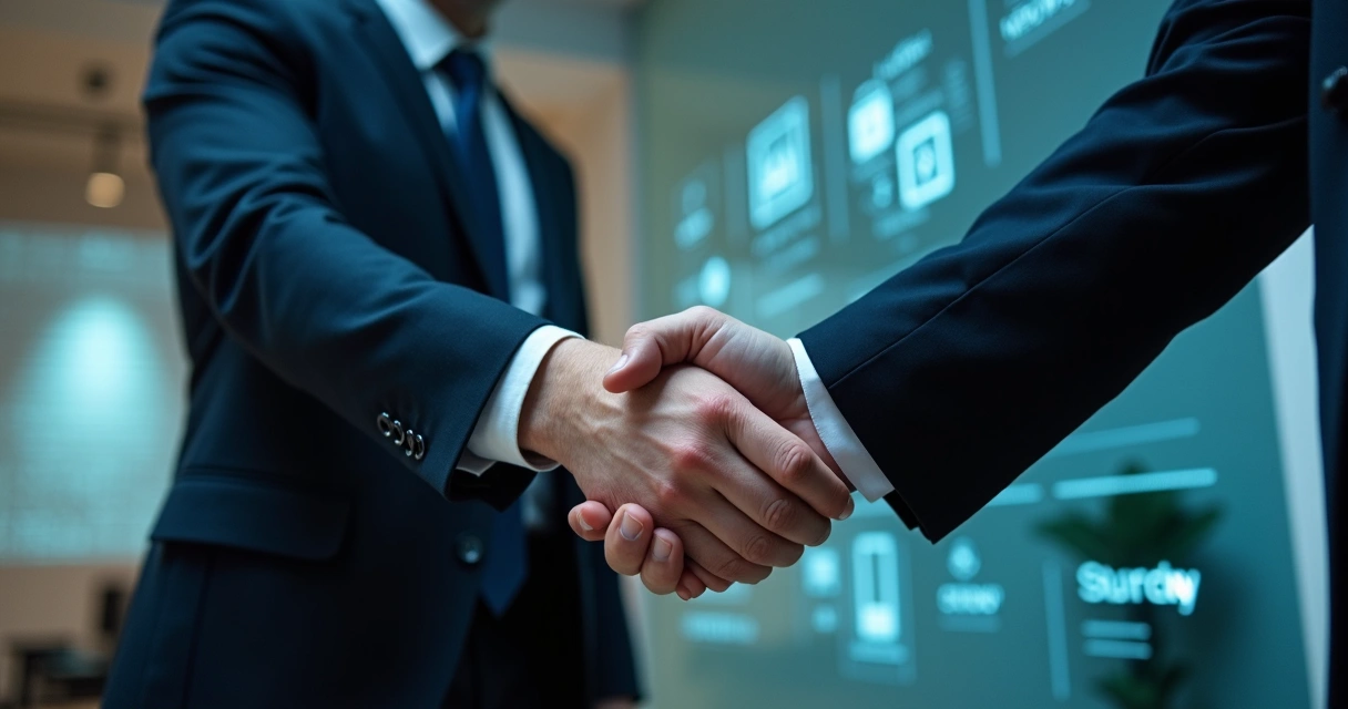 Angel investor shaking hands with a cybersecurity startup founder