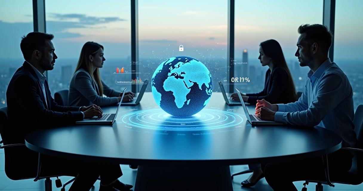 Venture capital investors reviewing cybersecurity deal data on a digital globe 