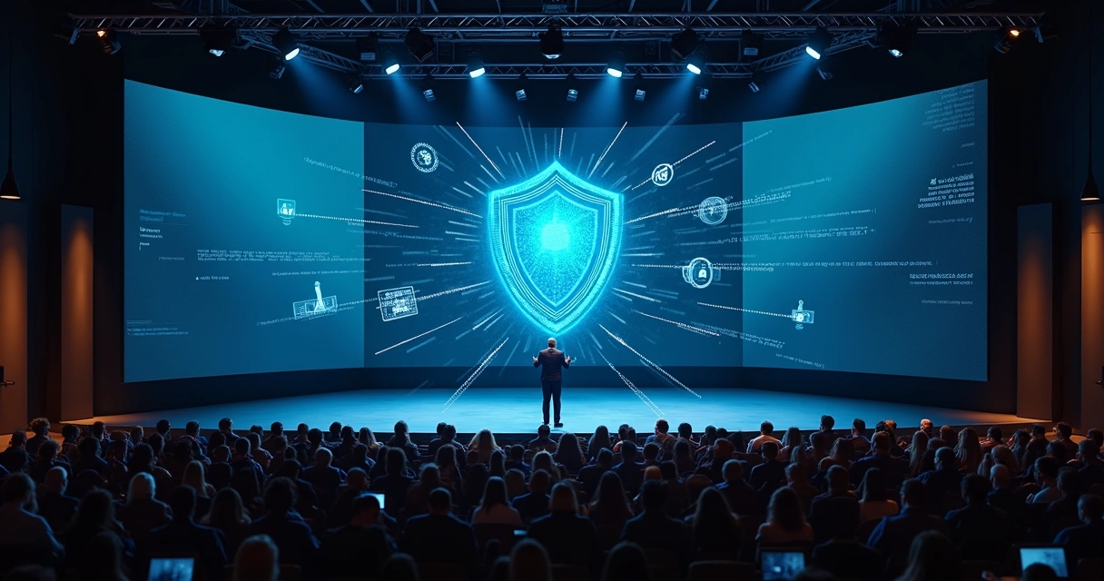 Keynote speaker on a stage beside a holographic cyber defense shield 