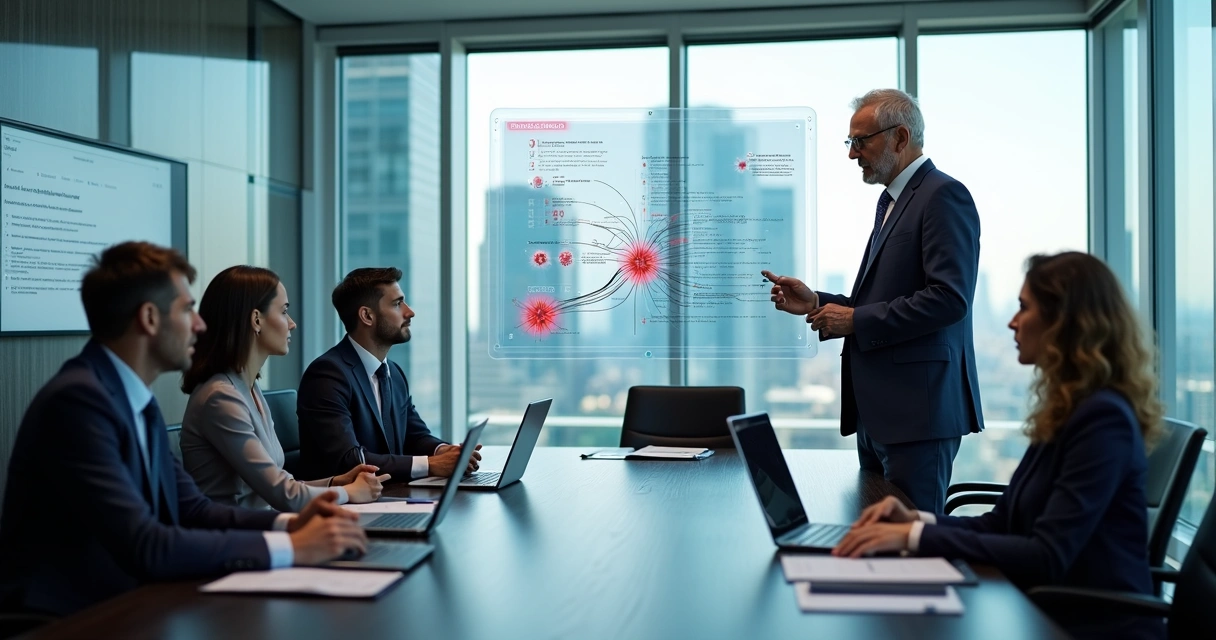 Cybersecurity lawyer guiding executives through data breach strategy in a modern boardroom 