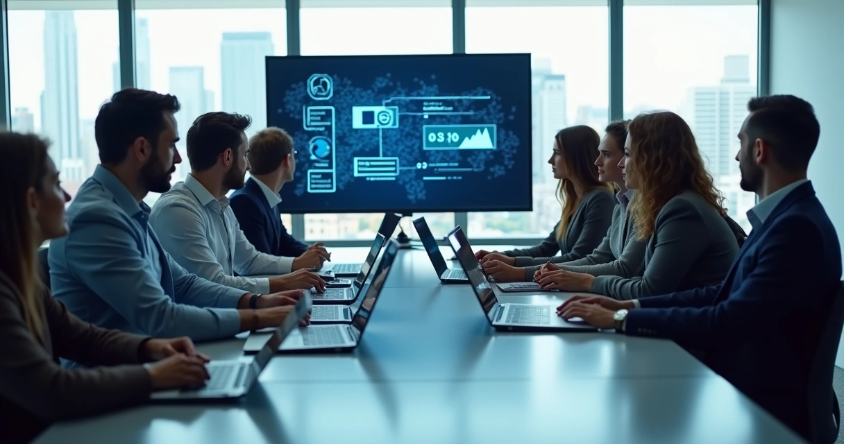 Group of diverse people in a conference room discussing cybersecurity solutions. 
