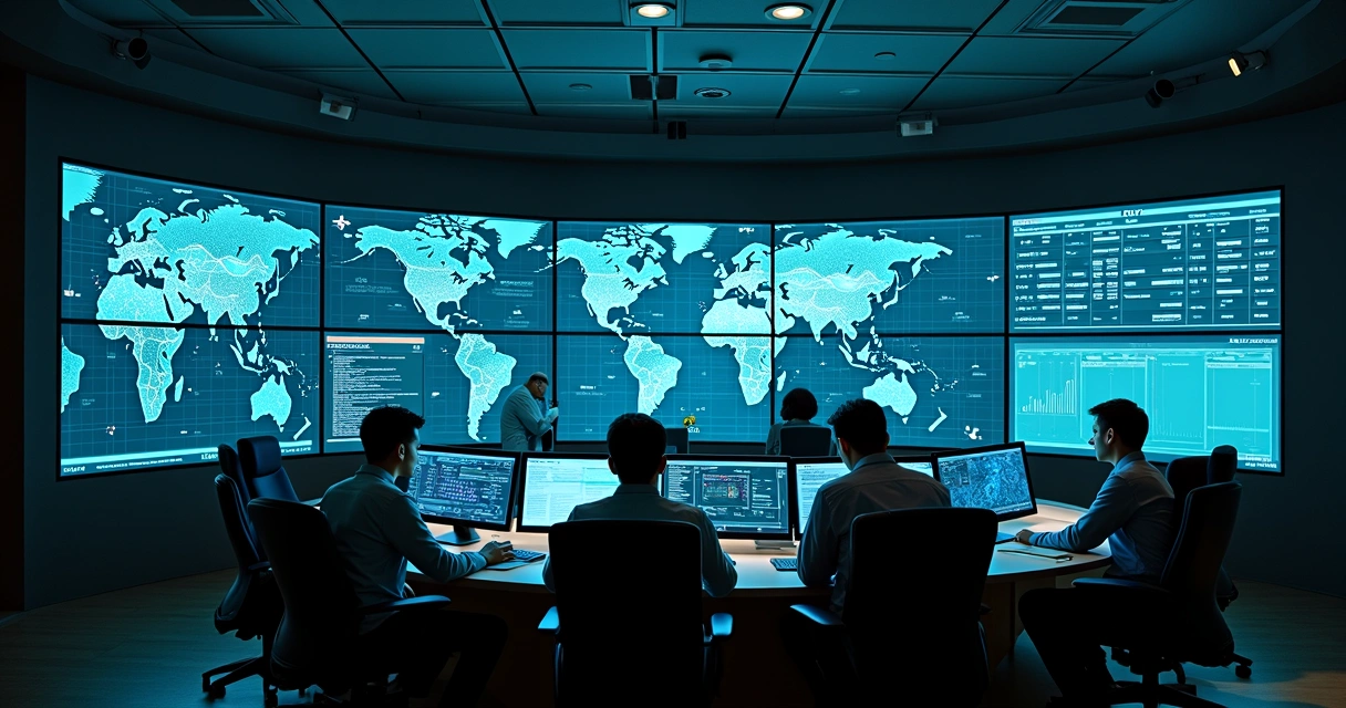 AI cybersecurity team monitoring threats on large screens 