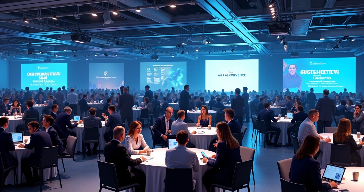 Professionals networking at a cybersecurity conference with name badges and coffee tables 