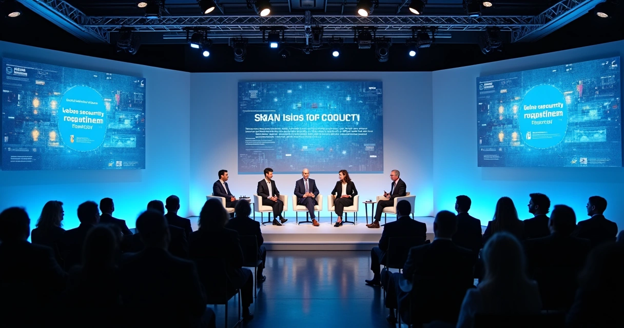 Cybersecurity panel discussion at a tech event 