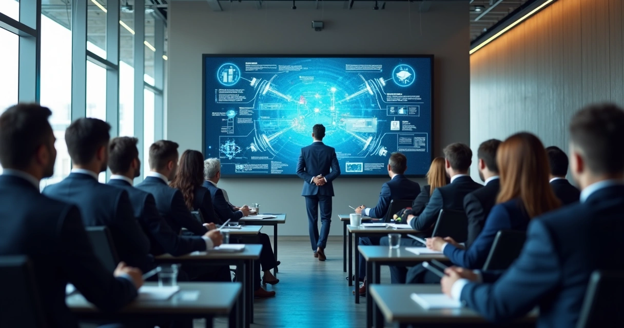 Corporate audience watching a cybersecurity presentation 