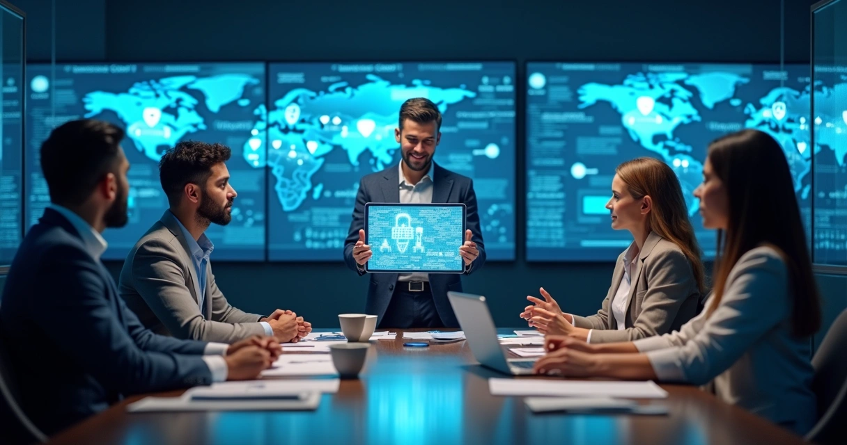 Team meeting around a table with digital security icons glows on tablet screen 