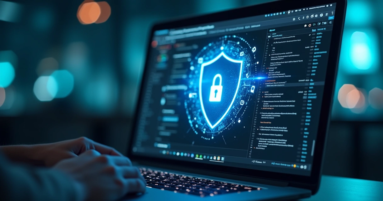 Shield with code and digital lock over website screen 