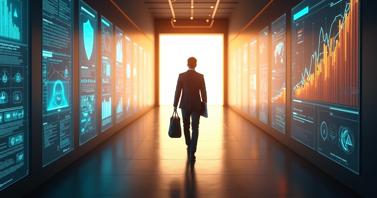 Professional walking through corridor of glowing cybersecurity icons and sales graphs 