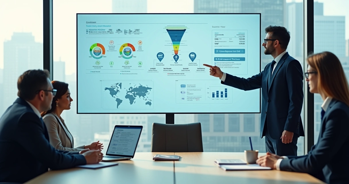 Cybersecurity sales professional discussing risk dashboard with executive in bright office 