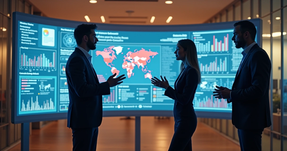 Salesperson and IT expert discussing cybersecurity strategy with business owner in modern office. 