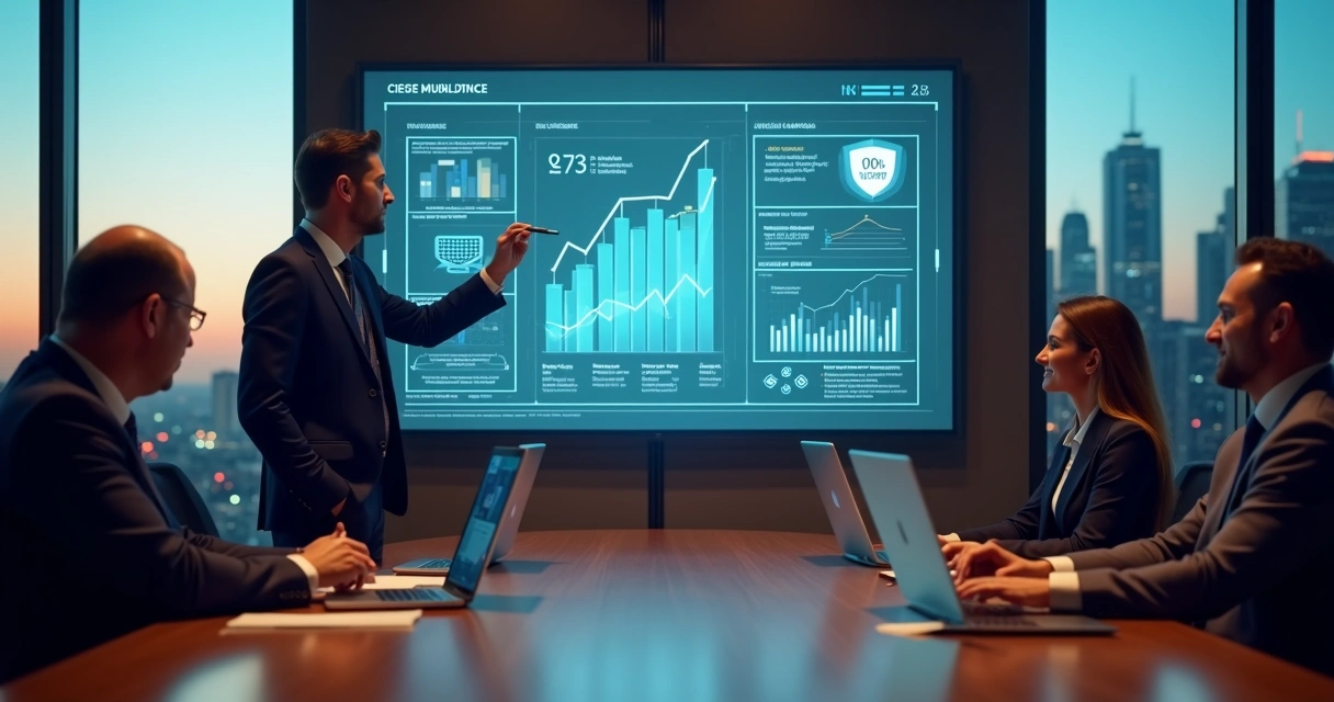 Executive presenting cybersecurity sales metrics on digital risk dashboard 