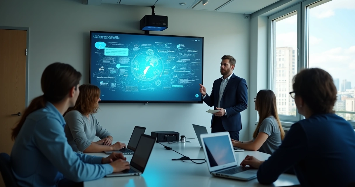 A person practicing a cybersecurity presentation in a small room with a projector and attentive listeners 
