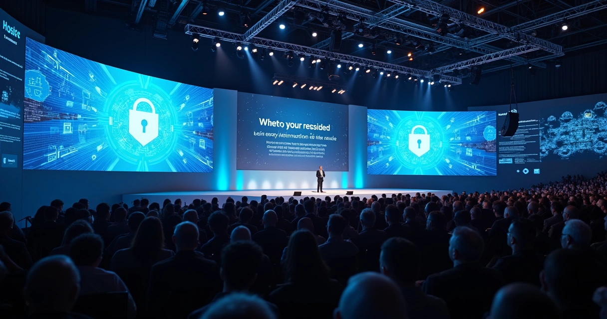Cybersecurity speaker addressing a large tech conference audience 