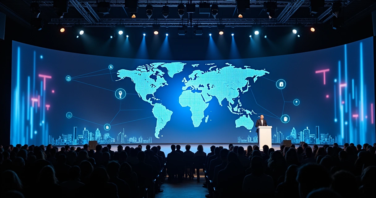 Cybersecurity expert speaking on large tech conference stage with digital globe behind 