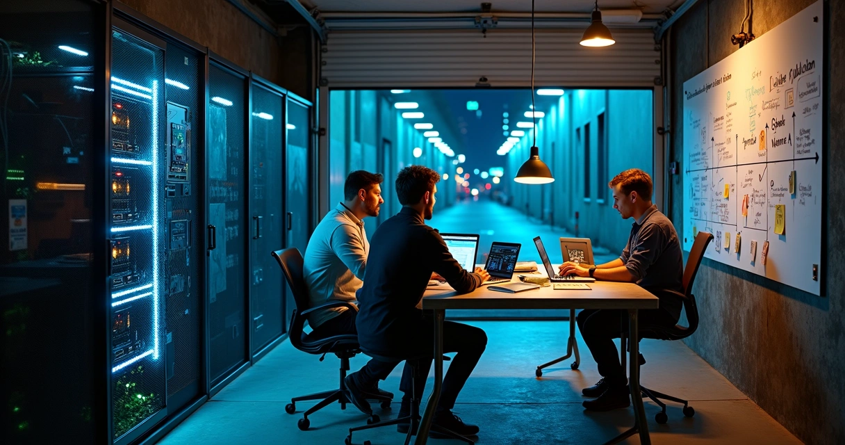Founders planning a cybersecurity startup launch in a small tech garage 