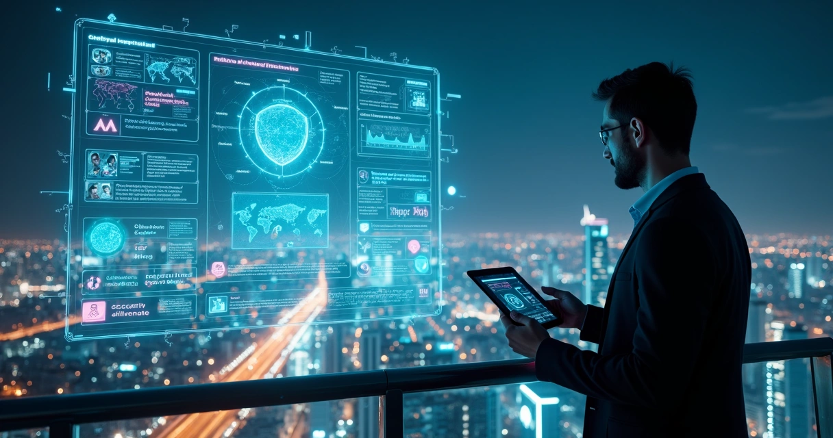 Security architect overlooking smart city network with layered cybersecurity interface 