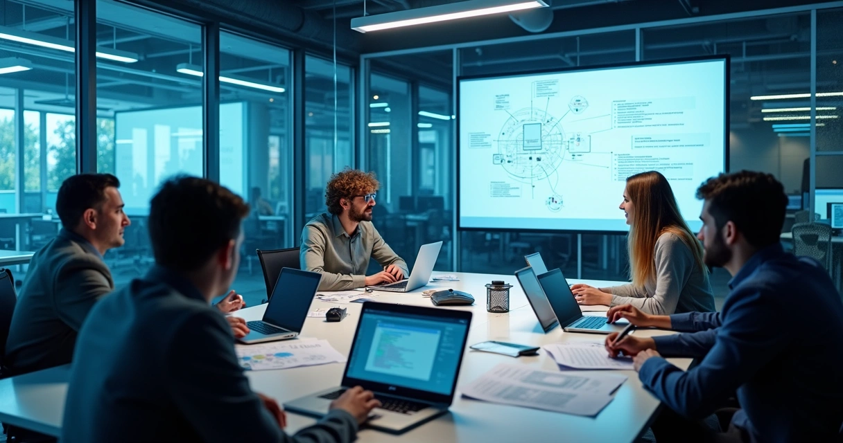 Cybersecurity professionals collaborating around laptops in a modern office 