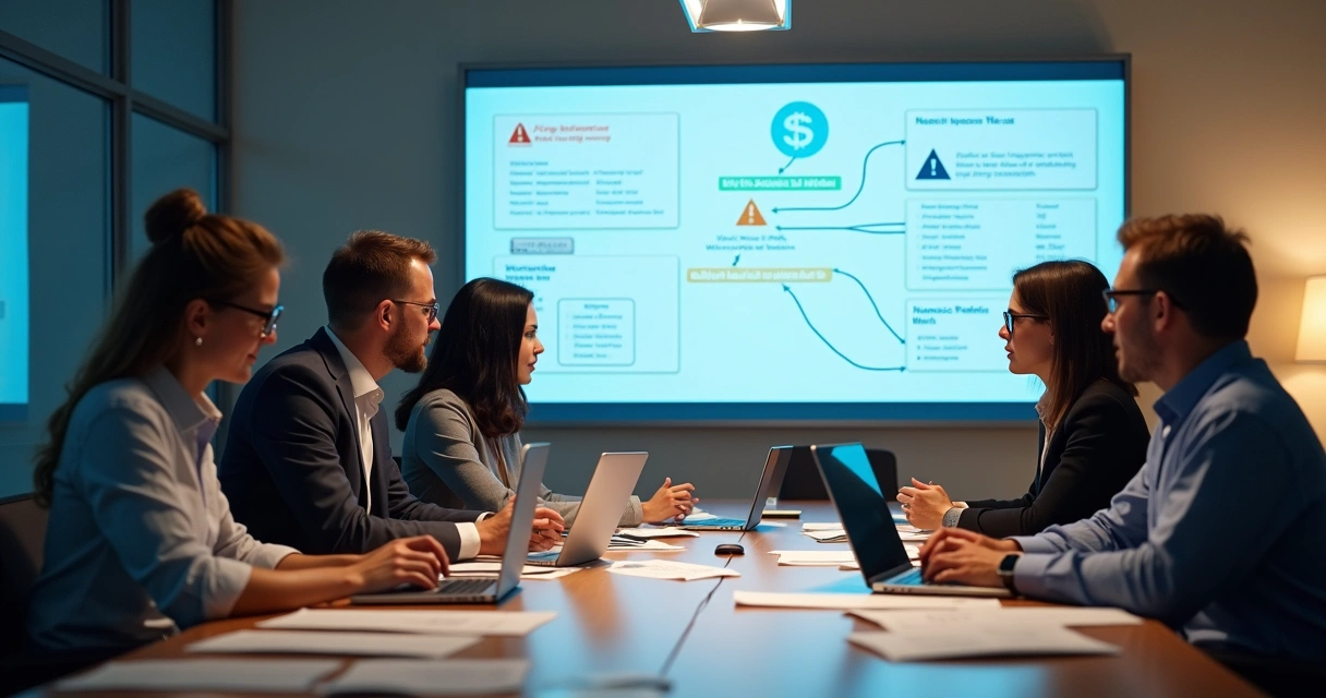 Cybersecurity team analyzing digital risks and fraud warnings. 