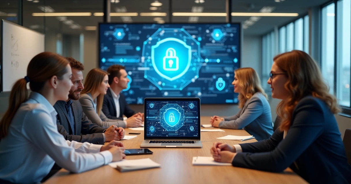 Employees gathered around a table, focused on a laptop, with screens showing cybersecurity icons. 