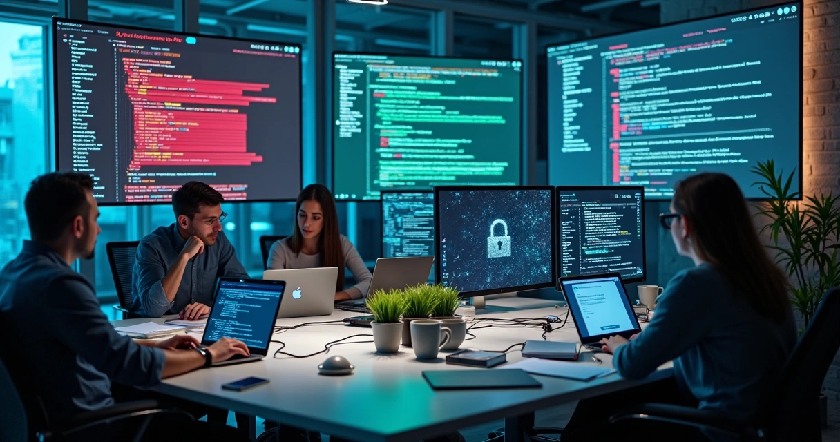 Cybersecurity startup team working at large monitors displaying code and threat alerts 