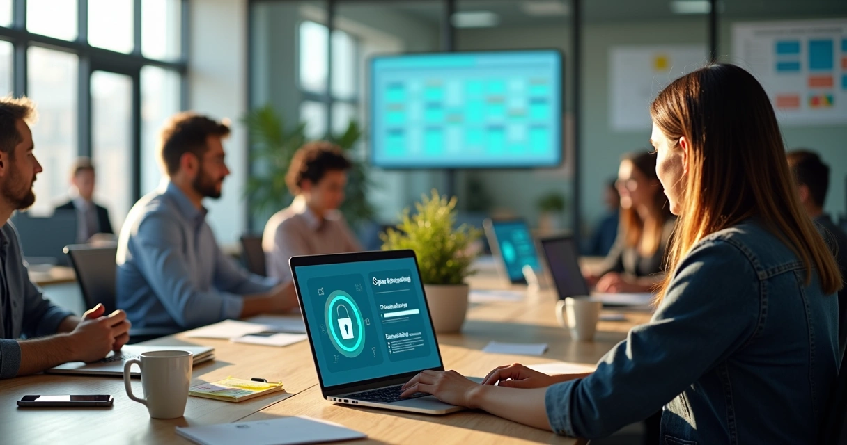 Busy office team doing short cybersecurity training on laptops 