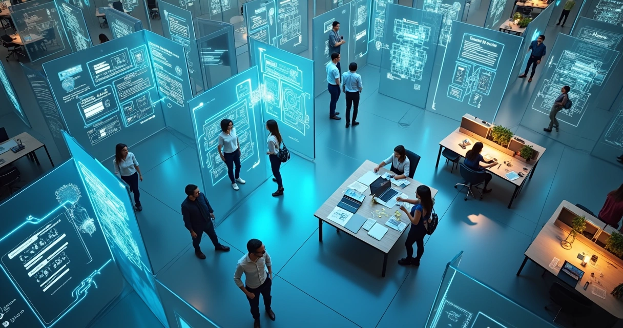 Office workers navigating a maze with cybersecurity icons on the walls 