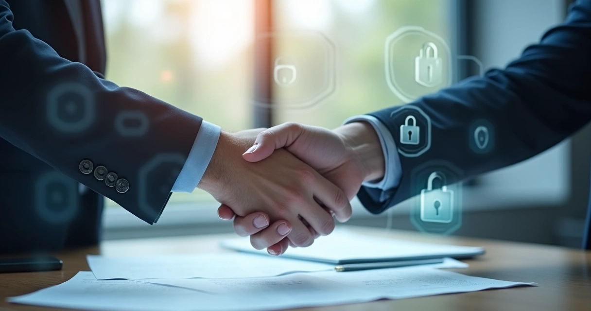 Handshake representing trust in cybersecurity business deal 