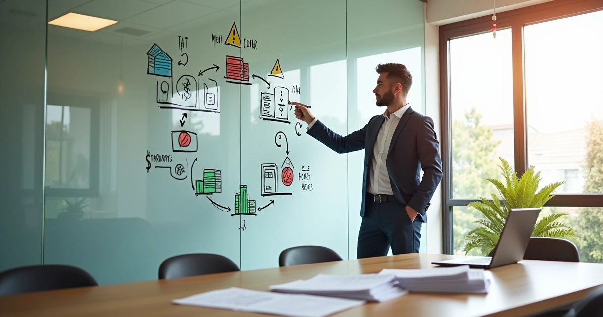 Dona de pequena empresa analisando ciclo de capital de giro em quadro com fluxos de caixa e estoque 