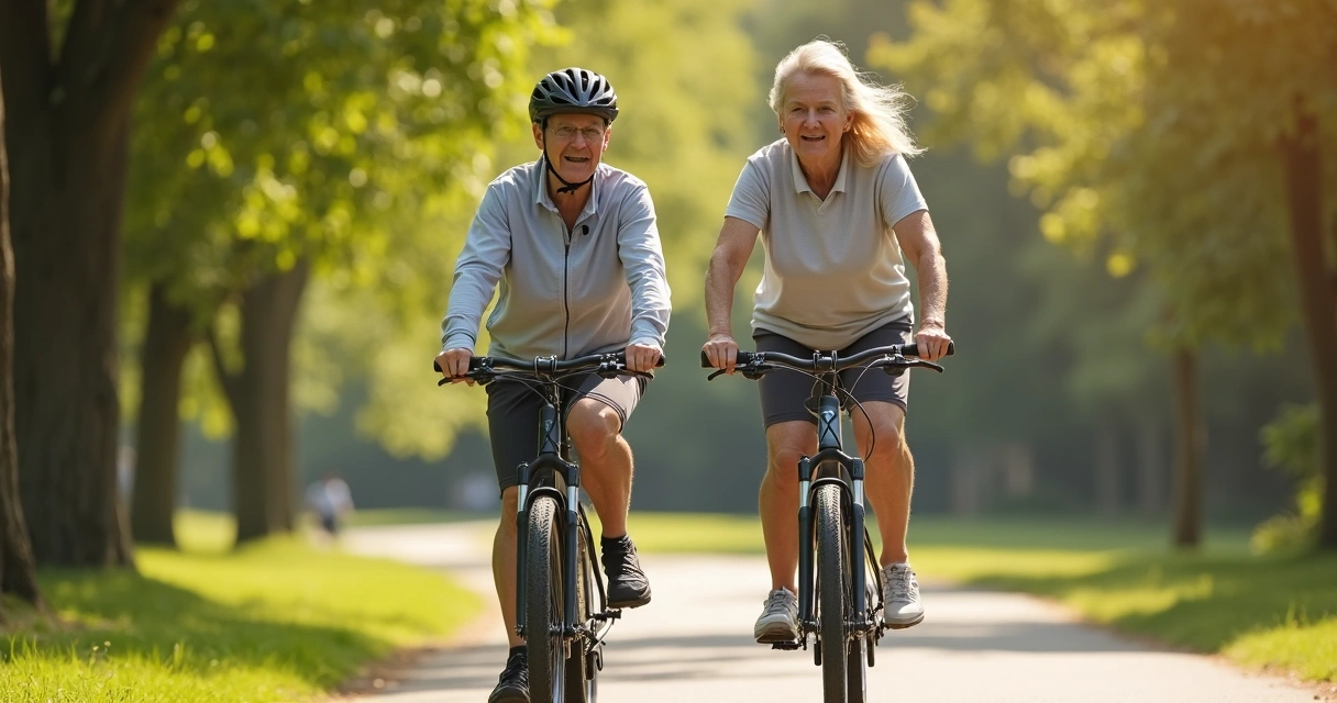 Older man and woman cycling together on park path 