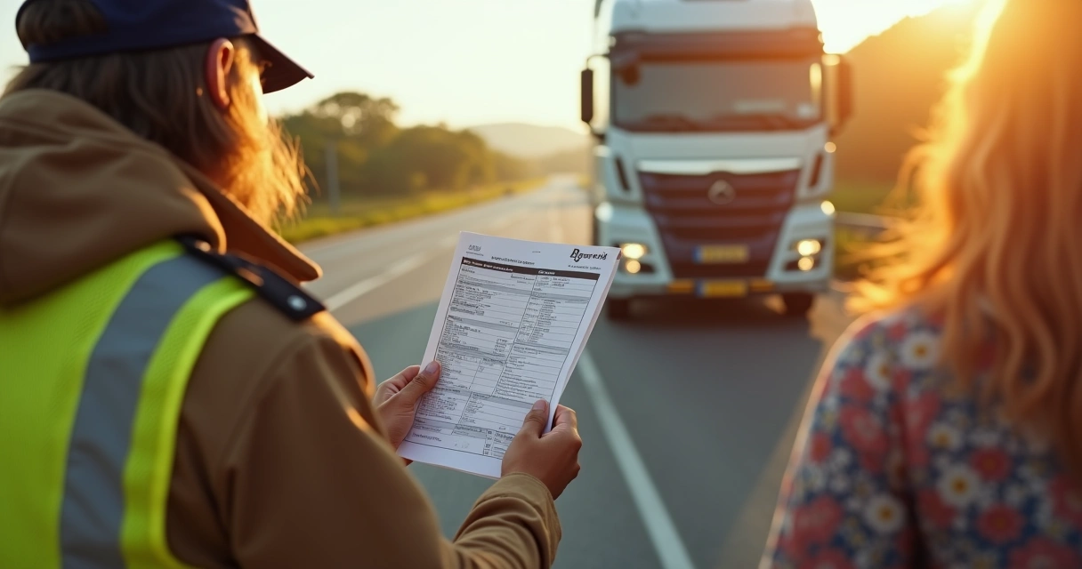 Fiscalização rodoviária de transporte conferindo DACE impresso com motorista 