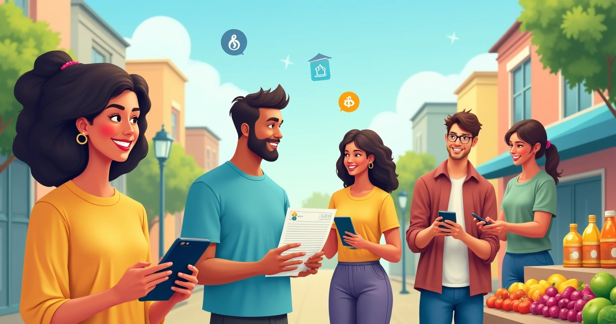 Ilustração de uma cena comunitária vibrante com pessoas utilizando dados alternativos em atividades financeiras.