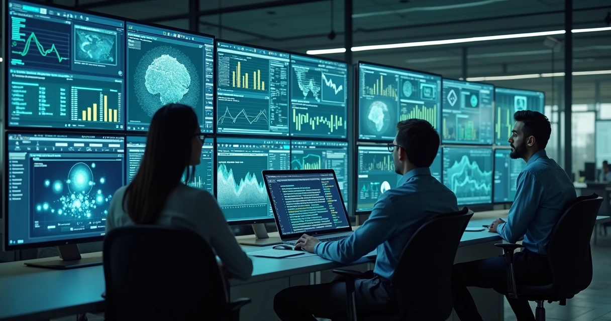 Equipes analisando dados para ajuste fino de IA 