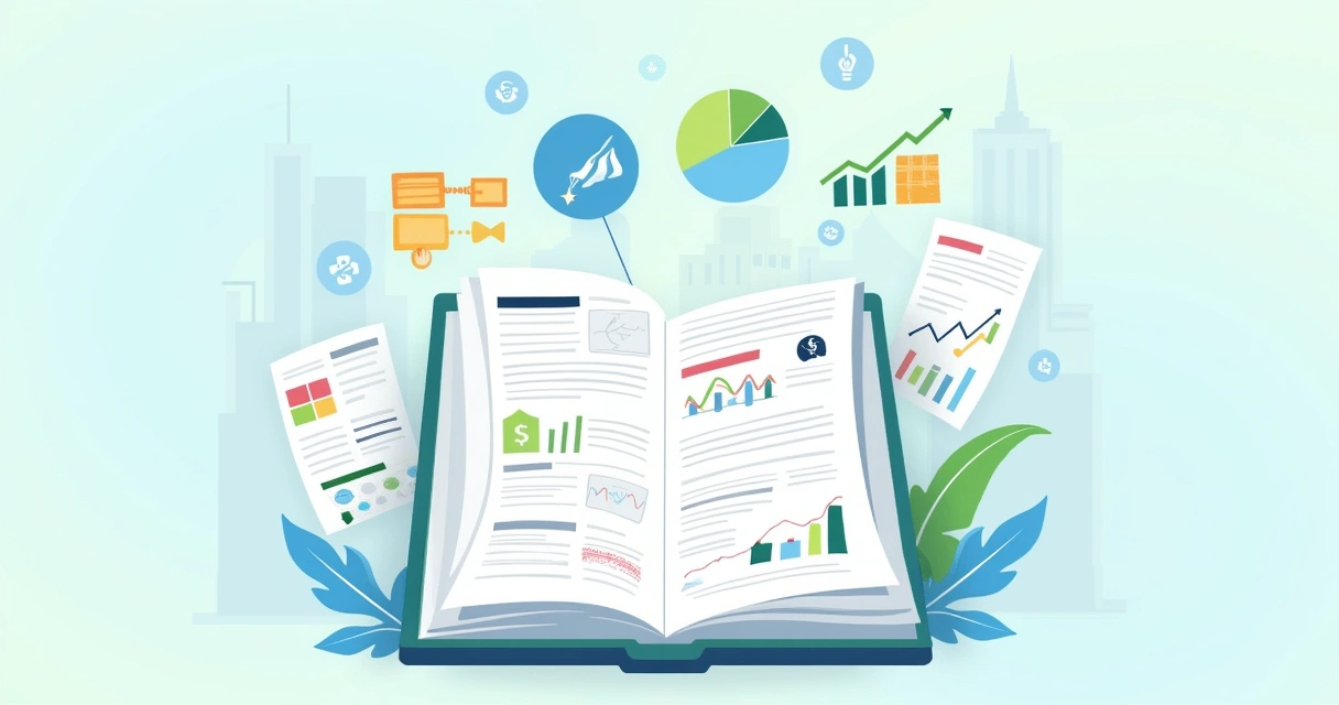Ilustração da análise de crédito com dados alternativos, como contas e gráficos em um caderno aberto.