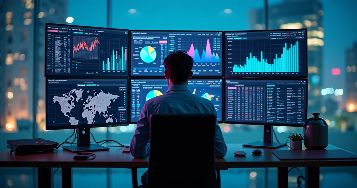 Especialista estudando gráficos de dados e analytics em várias telas 