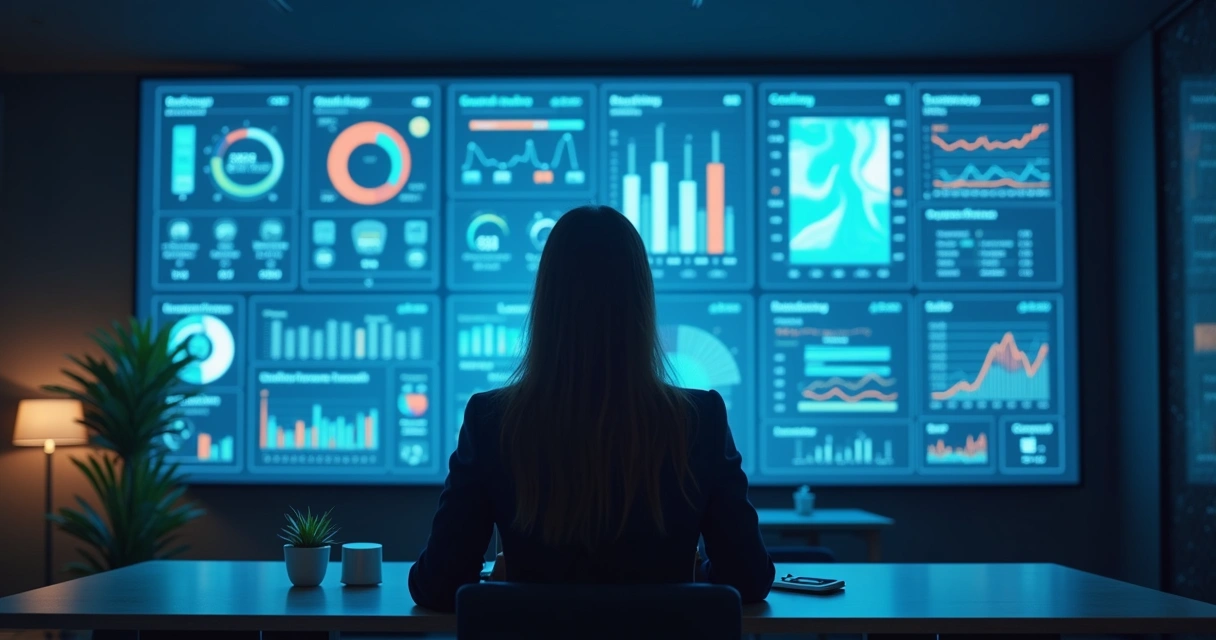 Profissional de saúde analisa gráficos digitais em uma sala escura iluminada por telas com dados 