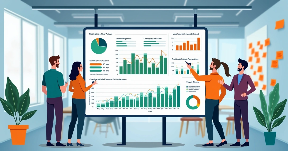 Grupo diversificado discutindo dados analíticos em escritório moderno com telas coloridas de métricas.