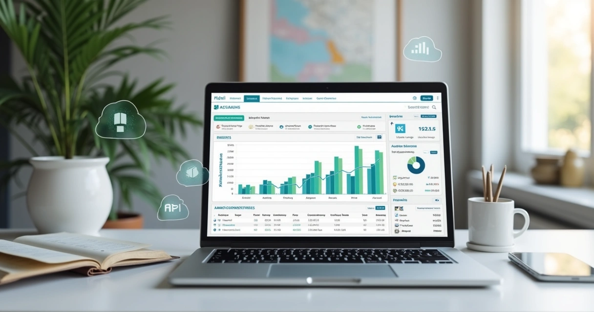 Ilustração de um dashboard com gráficos de dados fiscais em tela de notebook e icones de API ao redor