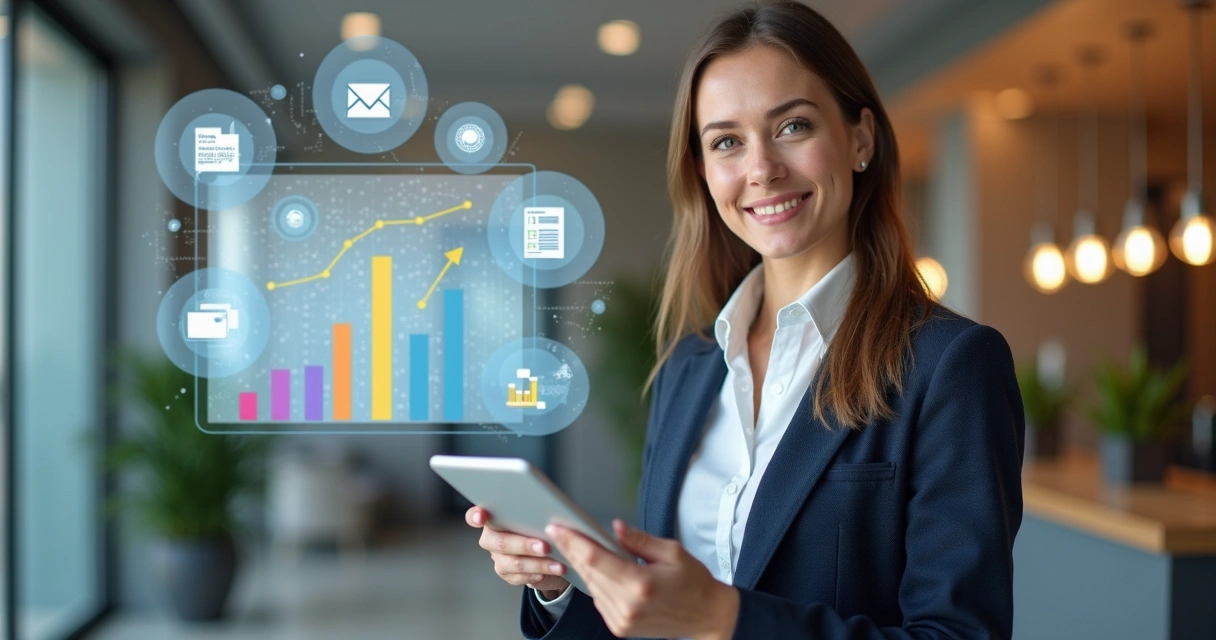 Gestora segurando uma tablet com gráficos sobre atendimento de moradores 