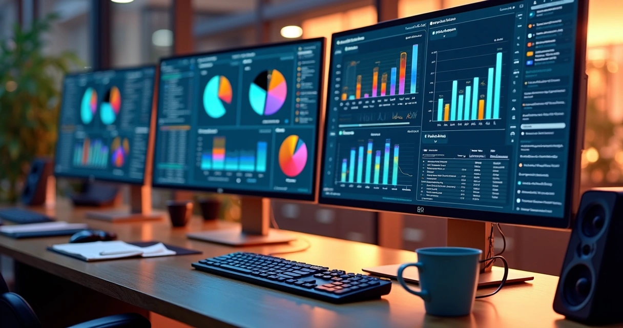 Tela de computador mostrando gráficos coloridos de dados e planilhas detalhadas 