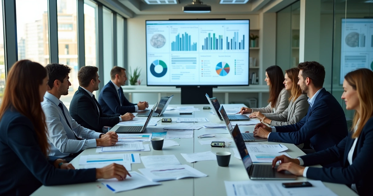 Profissionais analisando gráficos de vendas e dados em uma mesa de reunião 